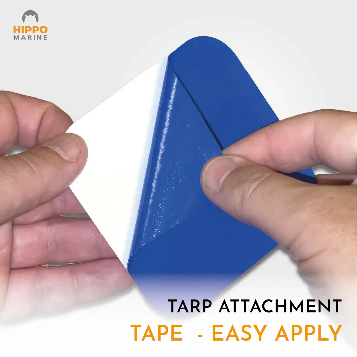 Peeling adhesive backing from tarp tie-down patch for easy tarp reinforcement

