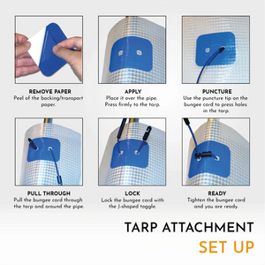 Step-by-step instruction guide showing how to apply tarp attachment patch and secure with bungee cord