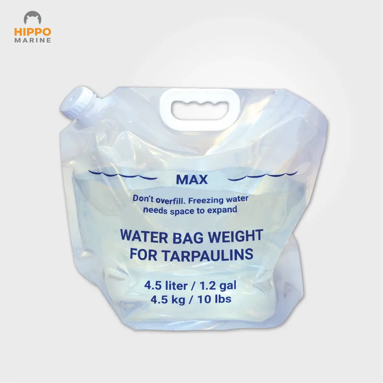 tarp weight water bag product photo showing 4.5 liter capacity for securing tarps