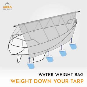 tarp weight water bag hanging from boat tarp to keep cover secure during storage