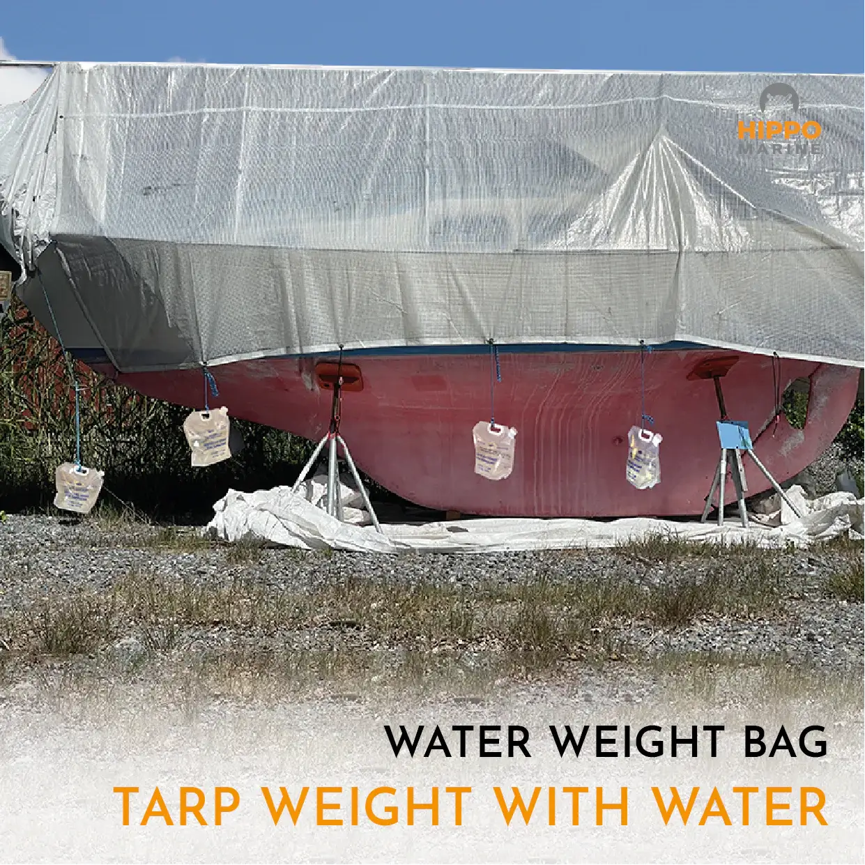 tarp weight water bags used to secure boat tarp against wind and movement