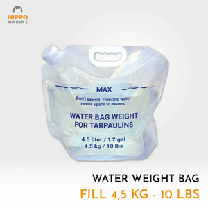 single tarp weight water bag filled to 4.5 kg for securing tarpaulins outdoors