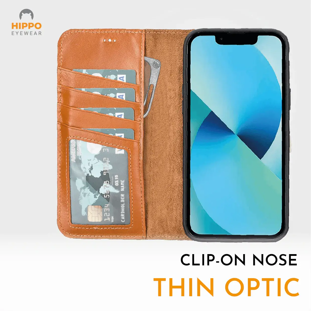 Thin optic phone reading glasses stored in wallet-style mobile phone case.