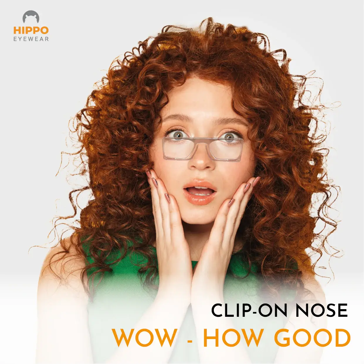 Thin phone reading glasses with clip-on nose design — woman showing wow reaction.