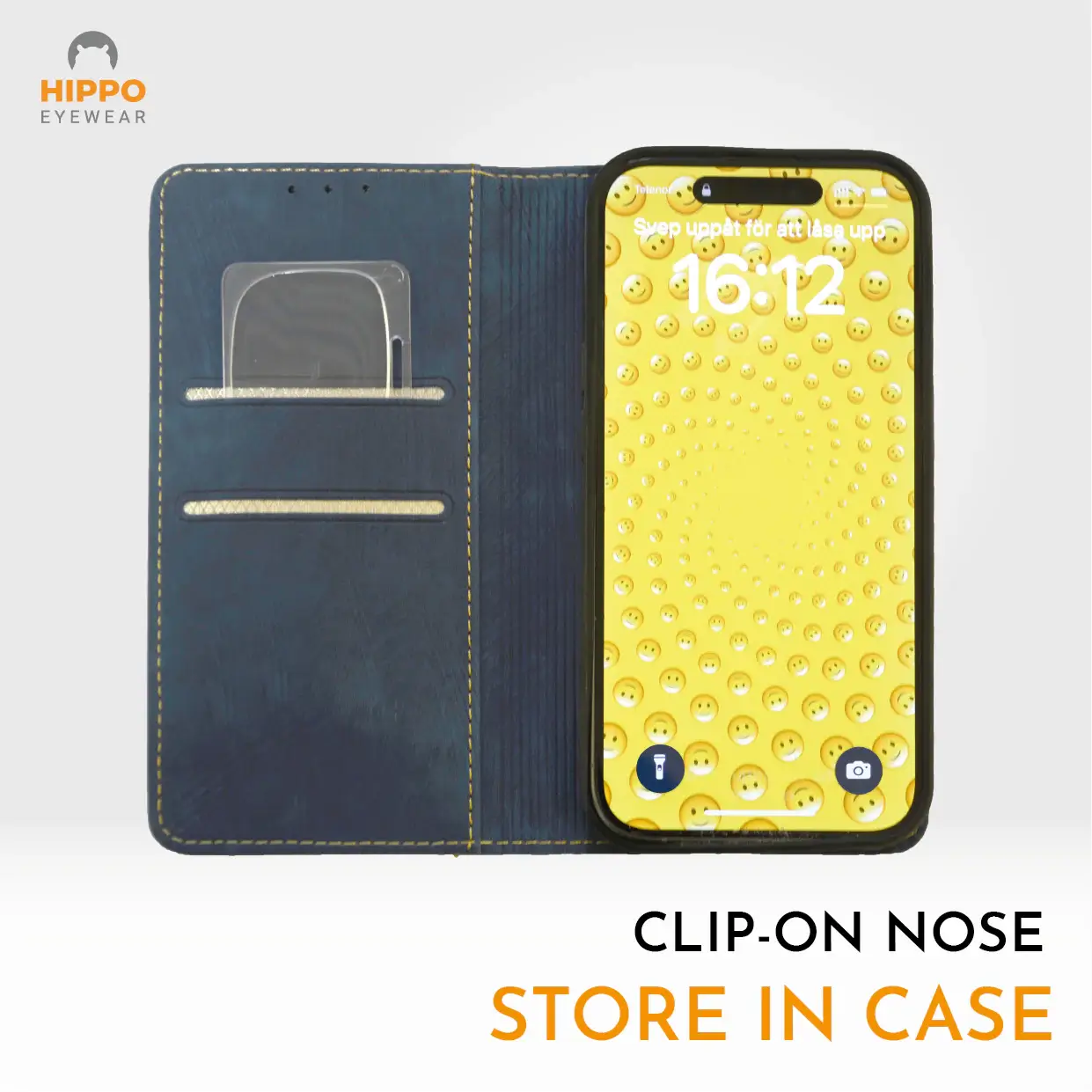 Thin reading glasses stored vertically inside a mobile phone case for easy access.
