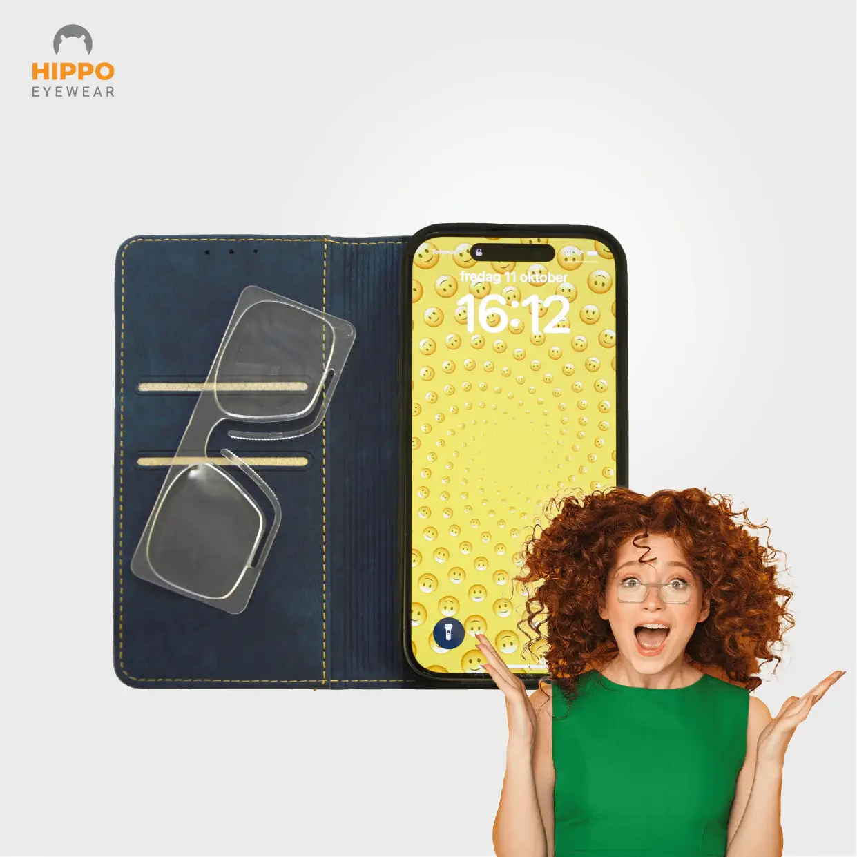 Thin reading glasses stored in mobile phone case with clip-on nose design and user reaction.