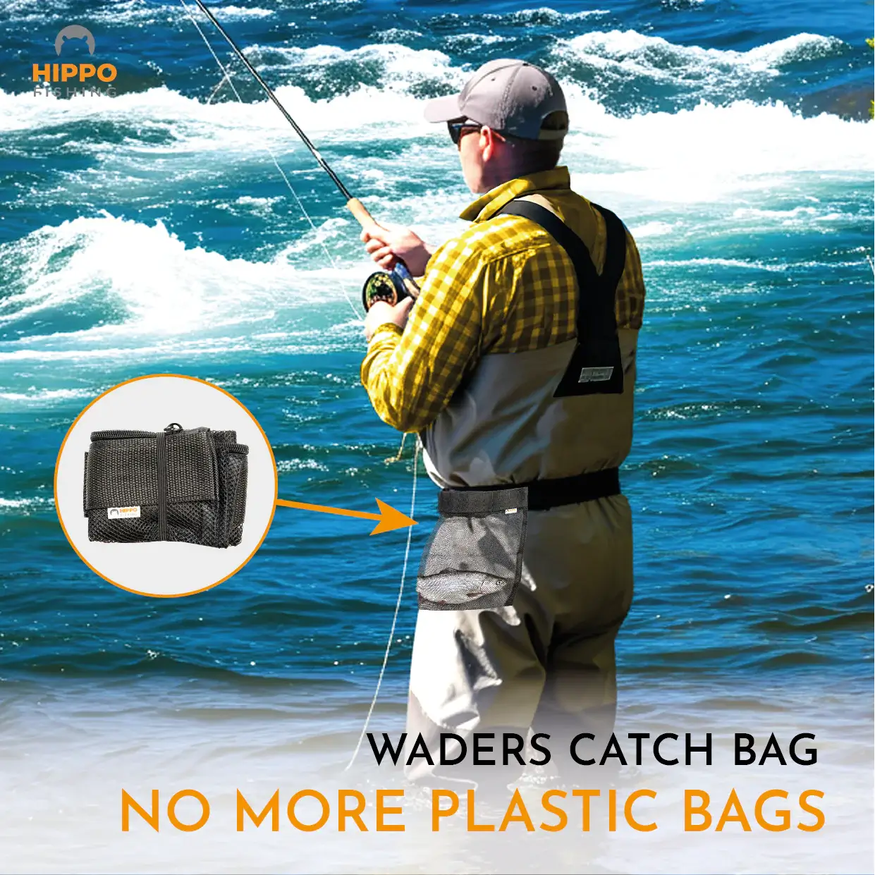 Eco-friendly waders catch bag replacing plastic bags – mesh belt bag for fly fishing catch storage.