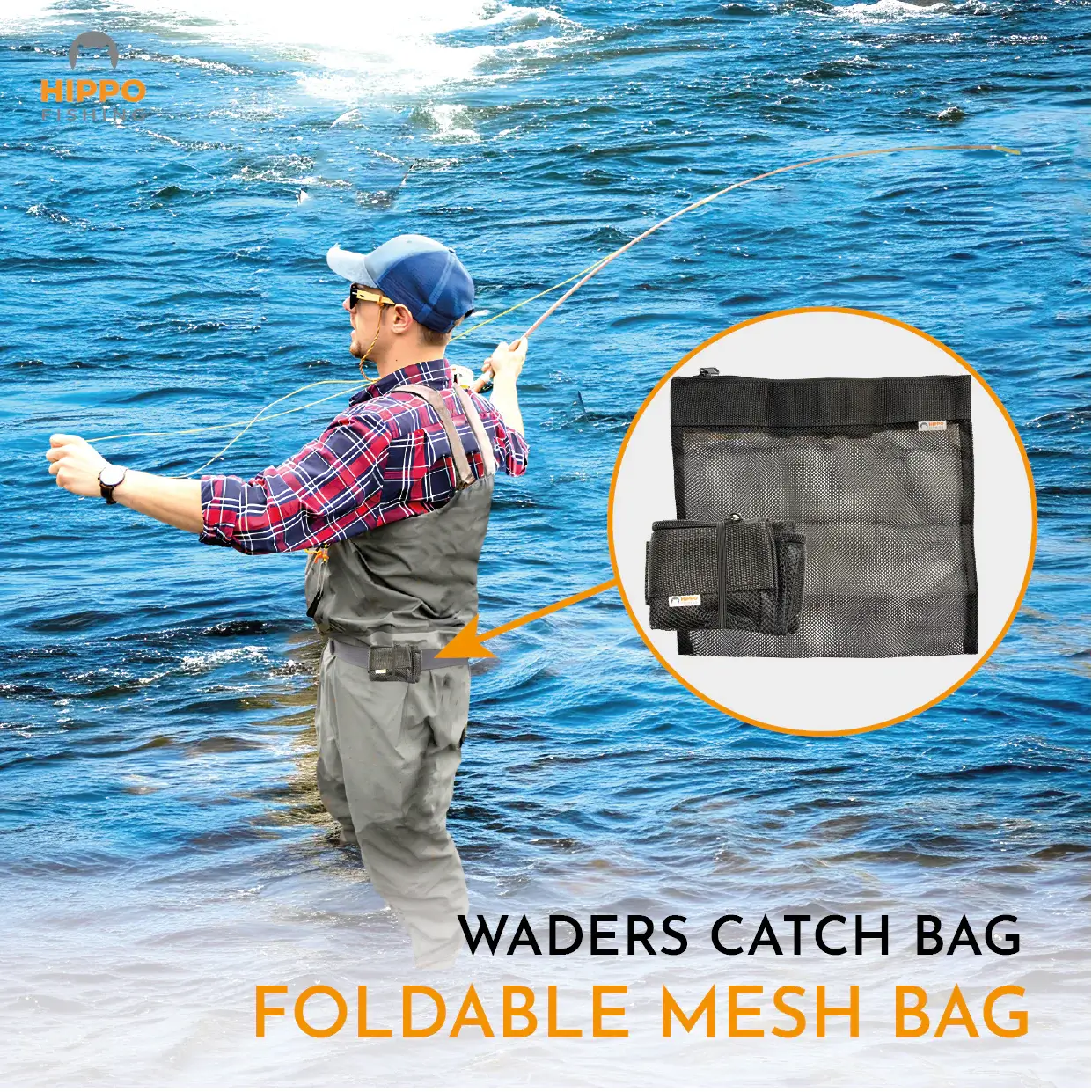 Foldable waders catch bag shown open and compact – mesh storage bag for fly fishing.