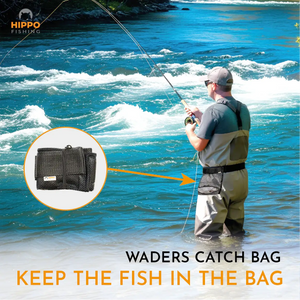 Waders catch bag attached to belt during fly fishing – secure mesh bag for keeping caught fish.