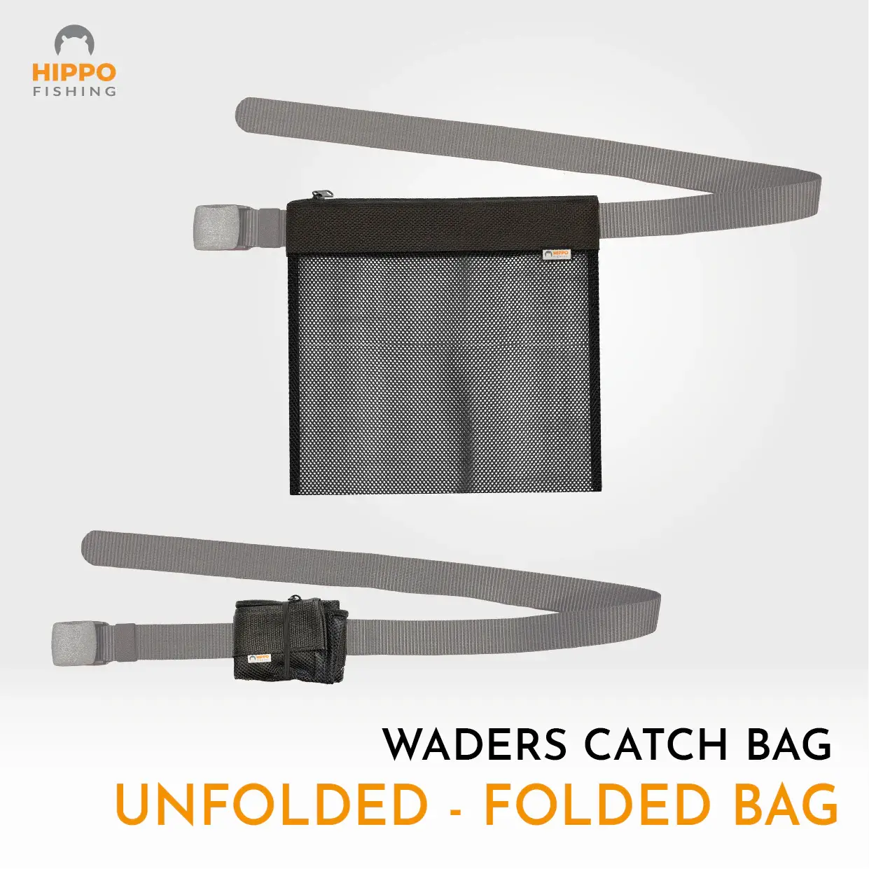 Waders catch bag shown unfolded and folded on belt – lightweight mesh fishing storage bag.