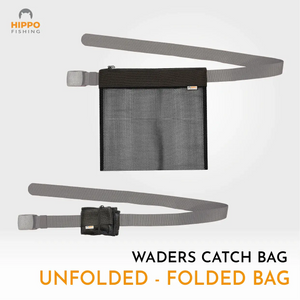 Waders catch bag shown unfolded and folded on belt – lightweight mesh fishing storage bag.