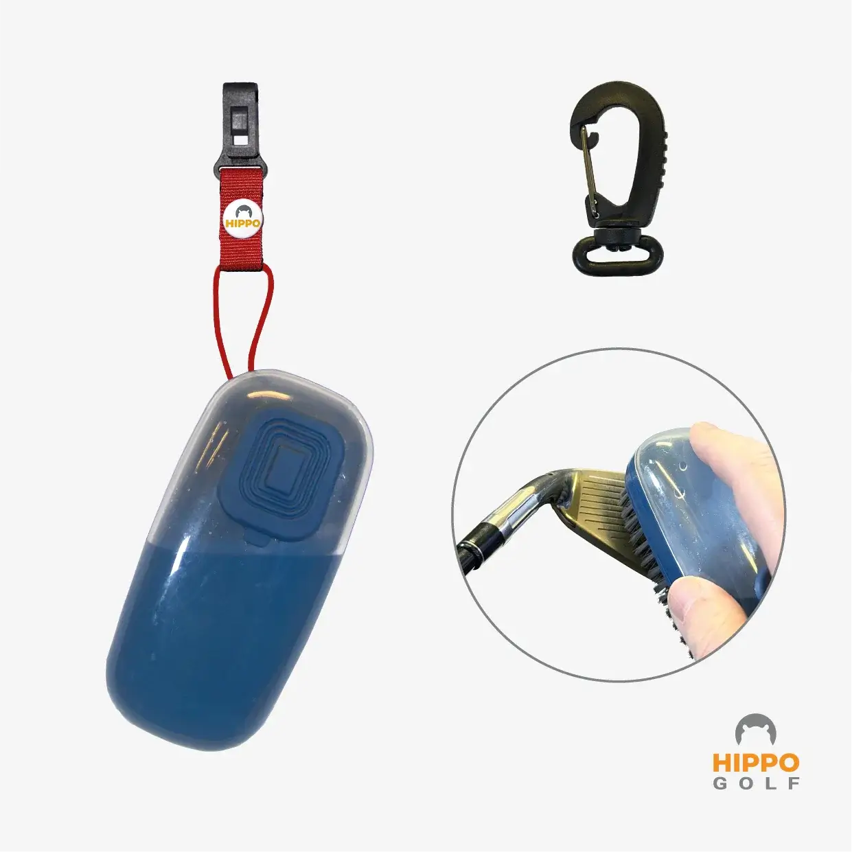 Water brush for golf clubs with blue Hippo Clips, easy cleaning of iron grooves on the course – Hippo Golf 8162-12