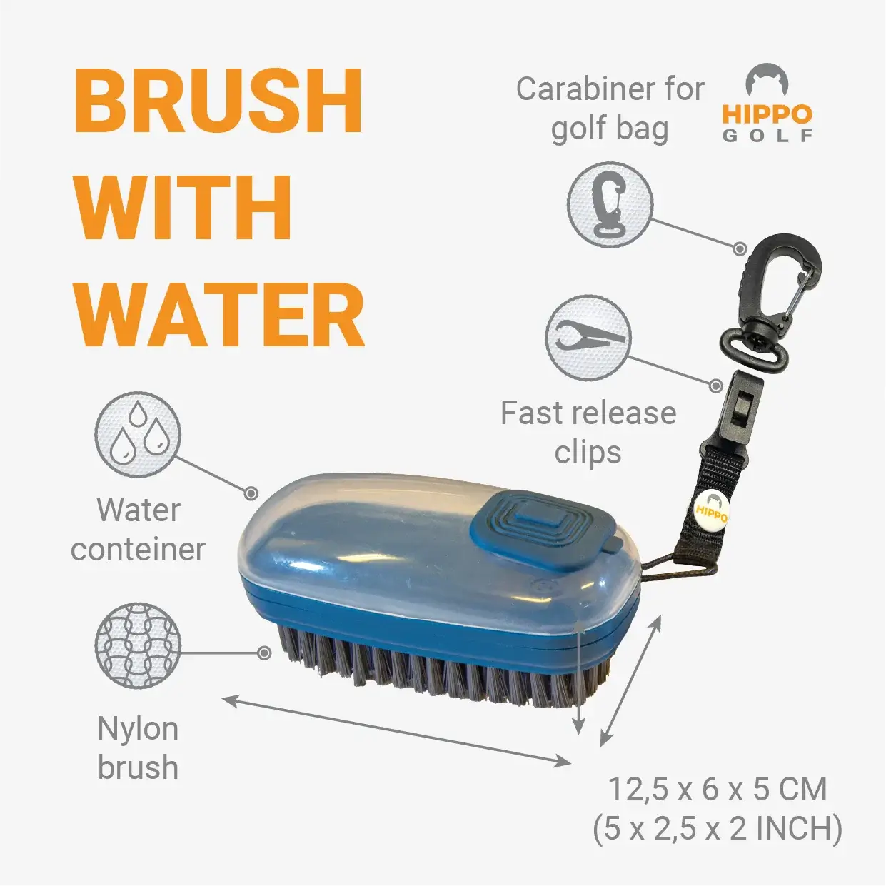 Golf water brush with nylon bristles, water container and fast-release clip – 8164-08